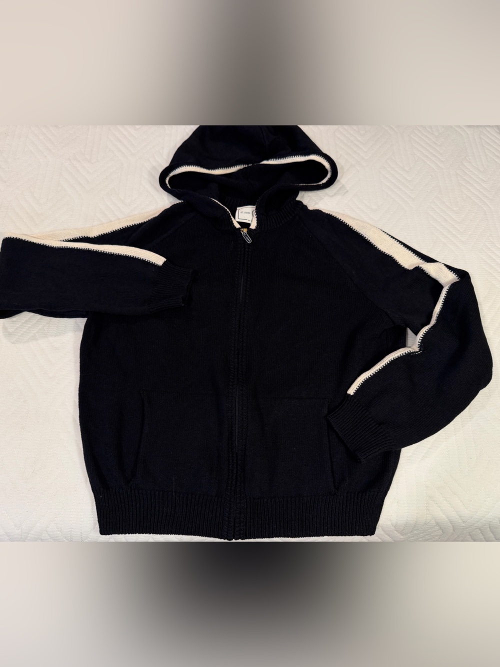 St. John Black Zip Hooded Cardigan with Cream Trim